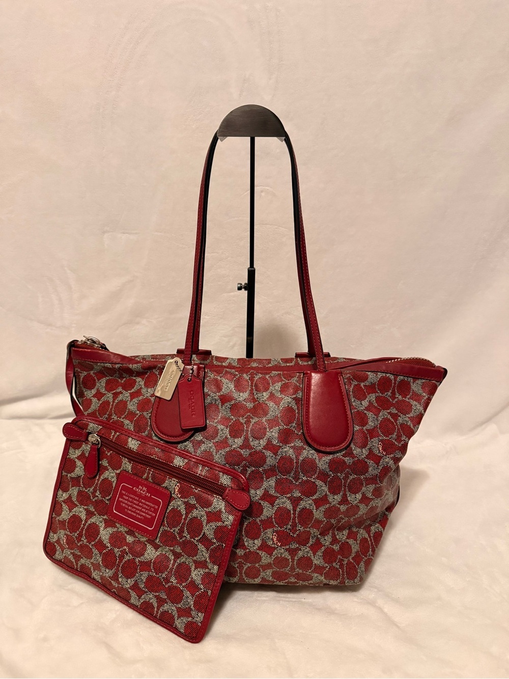 Coach Signature Coated Canvas Taxi Zip Top Red Tote with Removable Pouch